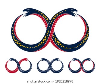 Ouroboros Snake In A Shape Of Infinity Symbol, Endless Cycle Of Life And Death, Ancient Uroboros Symbol Vector Illustration, Serpent Eating Its Own Tale, Logo, Emblem Or Tattoo.