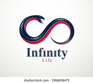 Ouroboros Snake in a shape of infinity symbol, endless cycle of life and death, ancient Uroboros symbol vector illustration, Serpent eating its own tale, logo, emblem or tattoo.