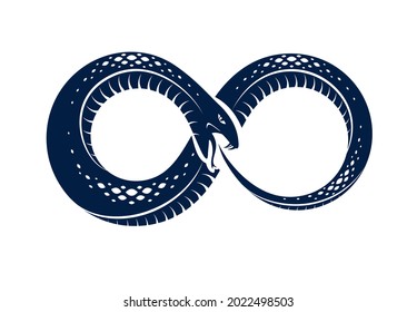 Ouroboros Snake in a shape of infinity symbol, endless cycle of life and death, ancient Uroboros symbol vector illustration, Serpent eating its own tale, logo, emblem or tattoo.