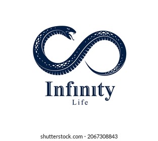 Ouroboros Snake in a shape of infinity symbol, endless cycle of life and death, ancient Uroboros symbol vector illustration, Serpent eating its own tale, logo, emblem or tattoo.