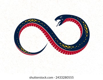 Ouroboros Snake in a shape of infinity symbol, endless cycle of life and death, ancient Uroboros symbol vector illustration, Serpent eating its own tale, logo, emblem or tattoo.