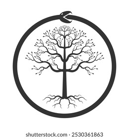 Ouroboros serpiente y árbol de la vida. Serpen comiéndose a sí mismo signo. Símbolo de Yggdrasil. Imagen de Ilustración vectorial.