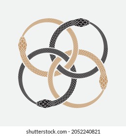 Ouroboros, symbol of infinity. 4 entwined snakes, mythology design element. Vector illustration isolated on white background