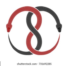 Ouroboros symbol tattoo design. Vector illustration of two intertwined snakes eat their tails. Red and black serpents isolated on a white background.