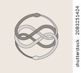 Ouroboros symbol. Two entwined snakes, serpent eating its own tale. Detailed vector illustration, EPS 10