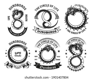 Ouroboros tattoo templates set. Monochrome design elements with uroboros snake and text on ribbon. Cycle concept for stamps and emblems templates