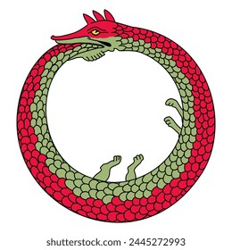 Ouroboros or uroboros, an ancient symbol for eternal cyclic renewal or a cycle of life, death and rebirth, depicting a serpent or dragon eating its own tail. Symbol in hermeticism and alchemy. Vector