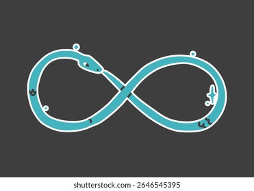 Símbolo abstrato de uroboros ou uroboros. Uma cobra azul de desenho animado consumindo sua própria cauda. Sinal de infinito. Etiqueta isolada desenhada à mão sobre fundo escuro.