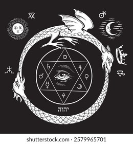 An ouroboros or uroboros serpent and dragon consuming each other alchemical formula of philosophers stone. Tattoo, poster or print design vector illustration