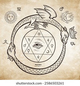 An ouroboros or uroboros serpent and dragon consuming each other alchemical formula of philosophers stone. Tattoo, poster or print design vector illustration