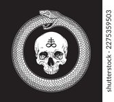 Ouroboros or uroboros serpent snake consuming its own tail and human skull with alchemical symbol of sulphur. Tattoo, poster or print design vector illustration
