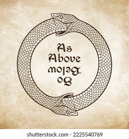 An ouroboros or uroboros serpents consuming each other. Inscription is a maxim in hermeticism and sacred geometry. As above, so below. Tattoo, poster or print design vector illustration