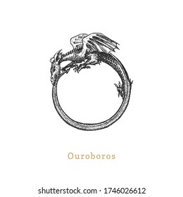 Ouroboros, vector illustration in engraving style. Vintage pastiche of esoteric and occult sign. Drawn sketch of magical and mystical symbol.