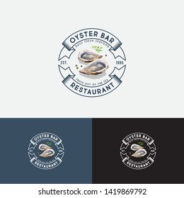 Ouster Bar Logo. Seafood Restaurant Emblem. Letters and Watercolor Illustration of Oysters in Circle with Ribbons.