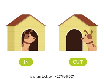 In and out antonyms word card flat vector template. Flashcard for english language learning. Opposites concept. Puppy in doghouse and outside cartoon illustration with typography