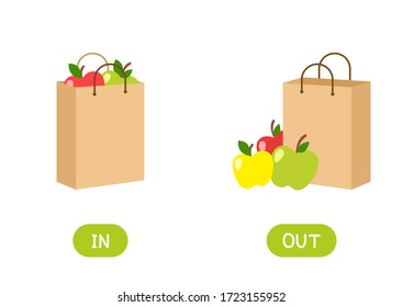 In and out antonyms word card flat vector template. Flashcard for english language learning. Opposites concept. Take out and put apples in paper shopping bag cartoon illustration with typography