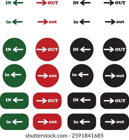 IN OUT arrow icons set. Simple arrow big vector collection isolated on transparent background. Red or green street sign with flat arrow pointing right and left signboard on road for pointing direction