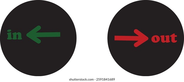 IN OUT arrow icons set. Simple arrow big vector collection isolated on transparent background. Red or green street sign with flat arrow pointing right and left signboard on road for pointing direction