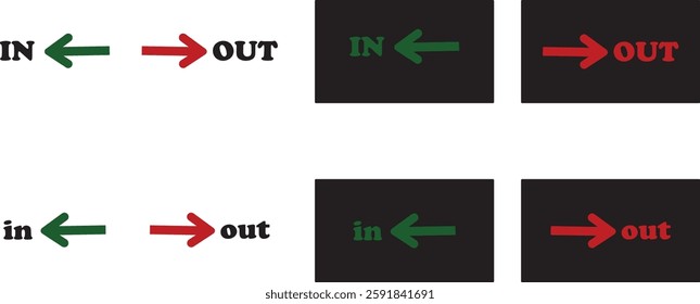 IN OUT arrow icons set. Simple arrow big vector collection isolated on transparent background. Red or green street sign with flat arrow pointing right and left signboard on road for pointing direction