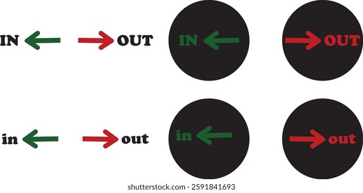 IN OUT arrow icons set. Simple arrow big vector collection isolated on transparent background. Red or green street sign with flat arrow pointing right and left signboard on road for pointing direction