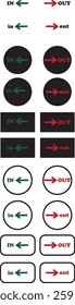 IN OUT arrow icons set. Simple arrow big vector collection isolated on transparent background. Red or green street sign with flat arrow pointing right and left signboard on road for pointing direction