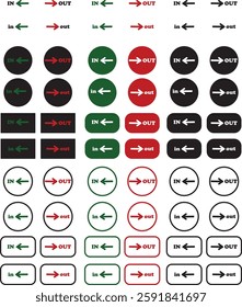 IN OUT arrow icons set. Simple arrow big vector collection isolated on transparent background. Red or green street sign with flat arrow pointing right and left signboard on road for pointing direction