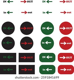 IN OUT arrow icons set. Simple arrow big vector collection isolated on transparent background. Red or green street sign with flat arrow pointing right and left signboard on road for pointing direction