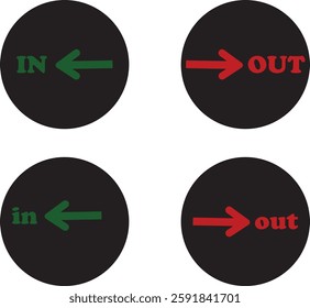 IN OUT arrow icons set. Simple arrow big vector collection isolated on transparent background. Red or green street sign with flat arrow pointing right and left signboard on road for pointing direction