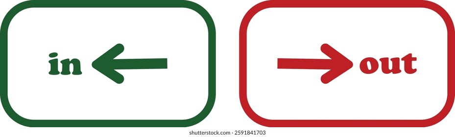 IN OUT arrow icons set. Simple arrow big vector collection isolated on transparent background. Red or green street sign with flat arrow pointing right and left signboard on road for pointing direction