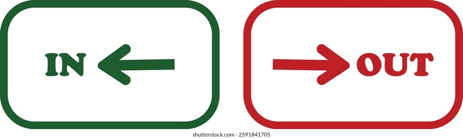 IN OUT arrow icons set. Simple arrow big vector collection isolated on transparent background. Red or green street sign with flat arrow pointing right and left signboard on road for pointing direction