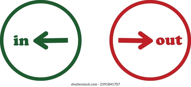 IN OUT arrow icons set. Simple arrow big vector collection isolated on transparent background. Red or green street sign with flat arrow pointing right and left signboard on road for pointing direction