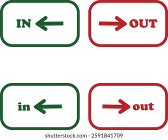 IN OUT arrow icons set. Simple arrow big vector collection isolated on transparent background. Red or green street sign with flat arrow pointing right and left signboard on road for pointing direction