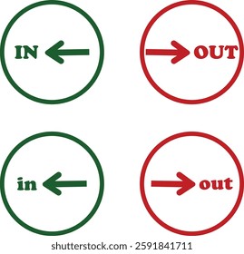 IN OUT arrow icons set. Simple arrow big vector collection isolated on transparent background. Red or green street sign with flat arrow pointing right and left signboard on road for pointing direction