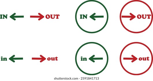 IN OUT arrow icons set. Simple arrow big vector collection isolated on transparent background. Red or green street sign with flat arrow pointing right and left signboard on road for pointing direction