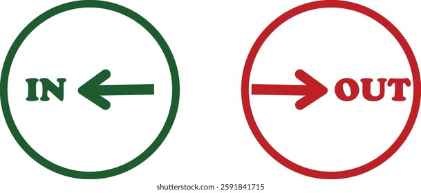 IN OUT arrow icons set. Simple arrow big vector collection isolated on transparent background. Red or green street sign with flat arrow pointing right and left signboard on road for pointing direction