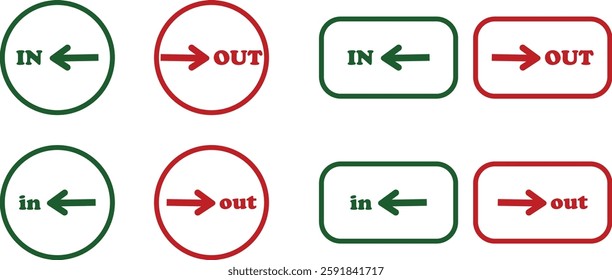 IN OUT arrow icons set. Simple arrow big vector collection isolated on transparent background. Red or green street sign with flat arrow pointing right and left signboard on road for pointing direction