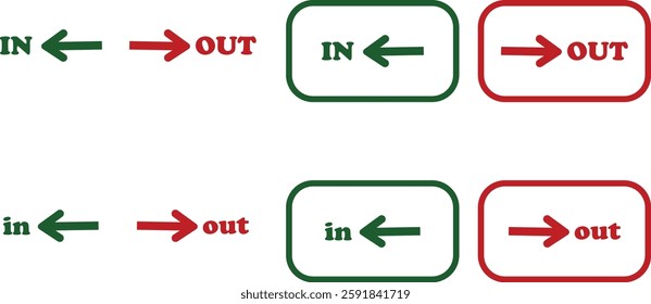 IN OUT arrow icons set. Simple arrow big vector collection isolated on transparent background. Red or green street sign with flat arrow pointing right and left signboard on road for pointing direction