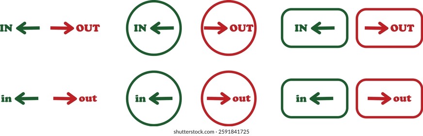 IN OUT arrow icons set. Simple arrow big vector collection isolated on transparent background. Red or green street sign with flat arrow pointing right and left signboard on road for pointing direction