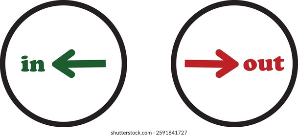 IN OUT arrow icons set. Simple arrow big vector collection isolated on transparent background. Red or green street sign with flat arrow pointing right and left signboard on road for pointing direction