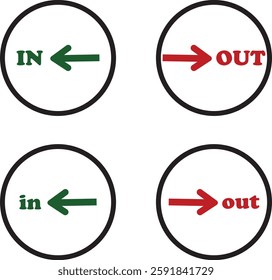 IN OUT arrow icons set. Simple arrow big vector collection isolated on transparent background. Red or green street sign with flat arrow pointing right and left signboard on road for pointing direction