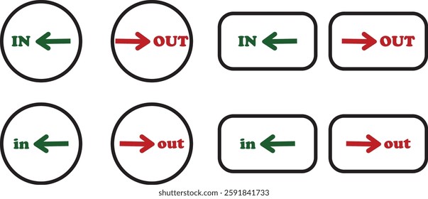 IN OUT arrow icons set. Simple arrow big vector collection isolated on transparent background. Red or green street sign with flat arrow pointing right and left signboard on road for pointing direction