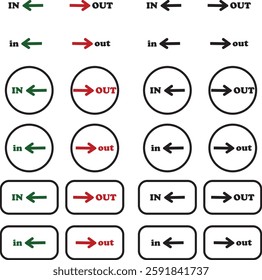 IN OUT arrow icons set. Simple arrow big vector collection isolated on transparent background. Red or green street sign with flat arrow pointing right and left signboard on road for pointing direction