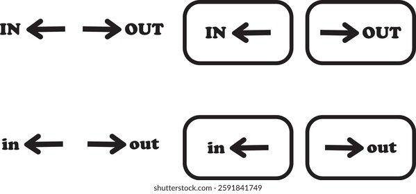 IN OUT arrow icons set. Simple arrow big vector collection isolated on transparent background. Red or green street sign with flat arrow pointing right and left signboard on road for pointing direction
