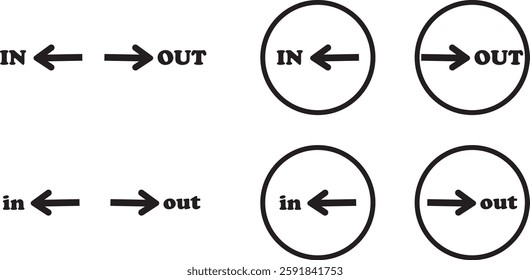 IN OUT arrow icons set. Simple arrow big vector collection isolated on transparent background. Red or green street sign with flat arrow pointing right and left signboard on road for pointing direction