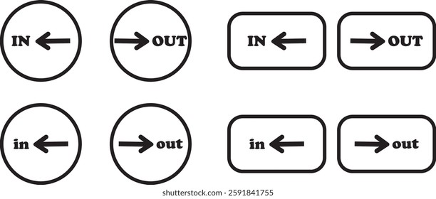 IN OUT arrow icons set. Simple arrow big vector collection isolated on transparent background. Red or green street sign with flat arrow pointing right and left signboard on road for pointing direction
