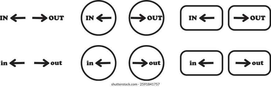 IN OUT arrow icons set. Simple arrow big vector collection isolated on transparent background. Red or green street sign with flat arrow pointing right and left signboard on road for pointing direction
