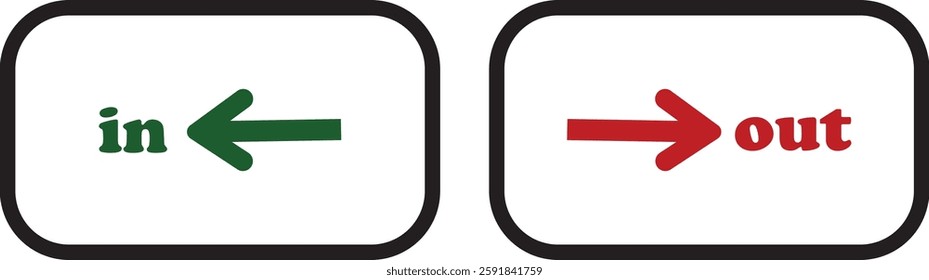 IN OUT arrow icons set. Simple arrow big vector collection isolated on transparent background. Red or green street sign with flat arrow pointing right and left signboard on road for pointing direction