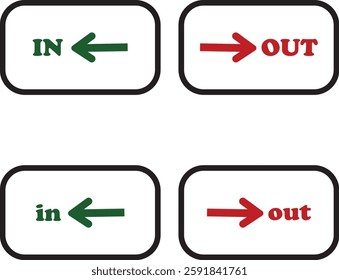 IN OUT arrow icons set. Simple arrow big vector collection isolated on transparent background. Red or green street sign with flat arrow pointing right and left signboard on road for pointing direction