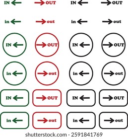 IN OUT arrow icons set. Simple arrow big vector collection isolated on transparent background. Red or green street sign with flat arrow pointing right and left signboard on road for pointing direction