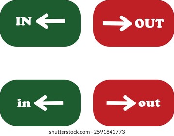 IN OUT arrow icons set. Simple arrow big vector collection isolated on transparent background. Red or green street sign with flat arrow pointing right and left signboard on road for pointing direction